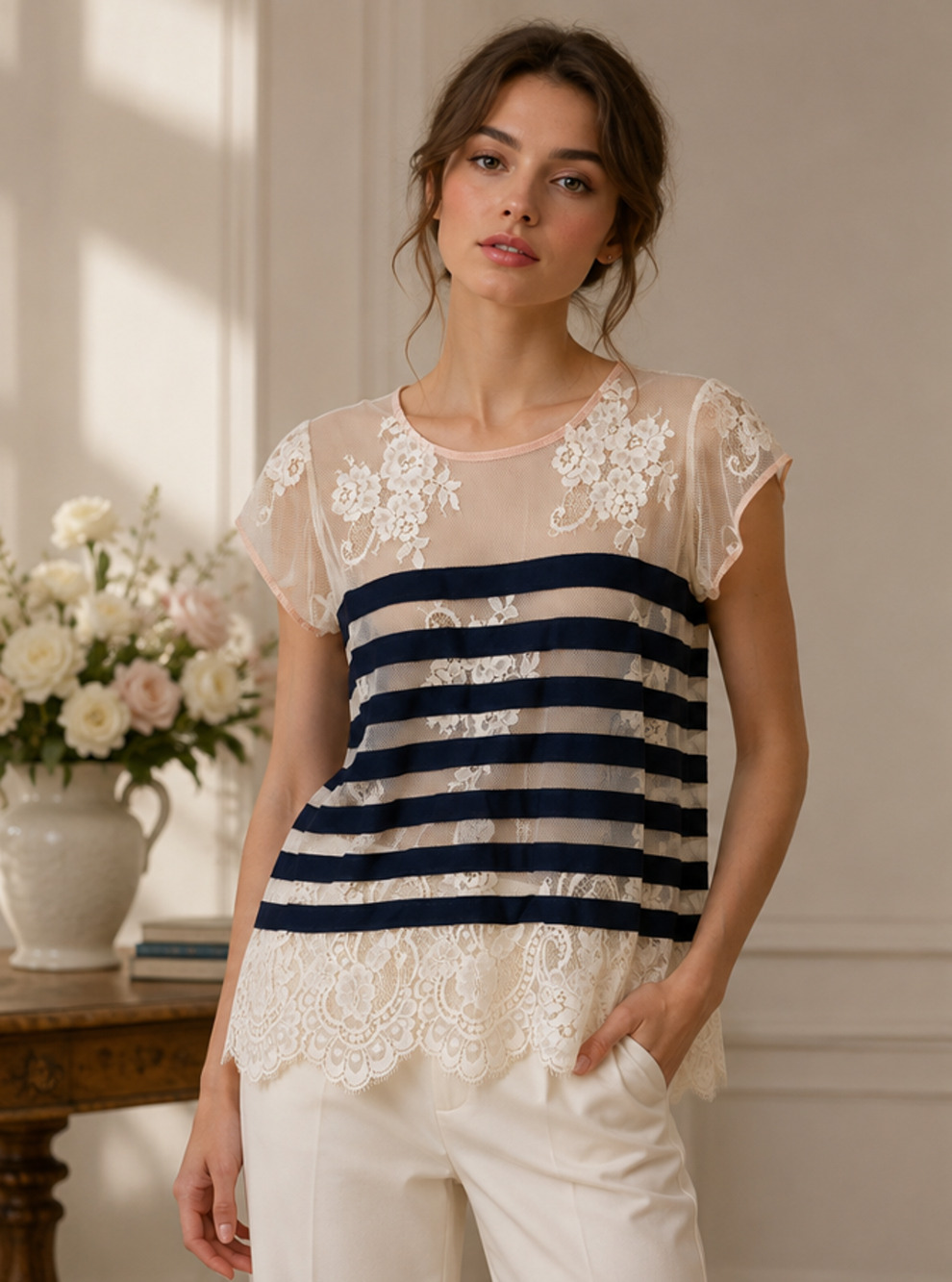 BCBGMAXAZRIA Echo Lace Cream Navy Striped Blouse Sz S Coquette Y2K Romantic